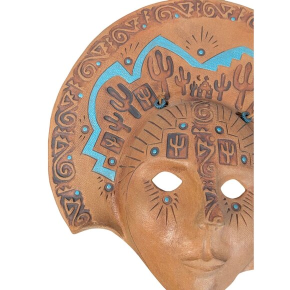 Handcrafted Terracotta Wall Mask Tribal Cactus Design Blue Accents - Picture 3 of 13